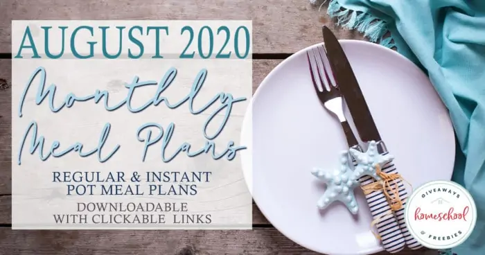 Summer table setting with overlay - August 2020 Monthly Meal Plans - Downloadable with Clickable Links