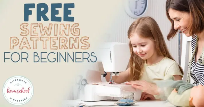 mom and daughter at sewing machine with overlay - FREE Sewing Patterns for Beginners