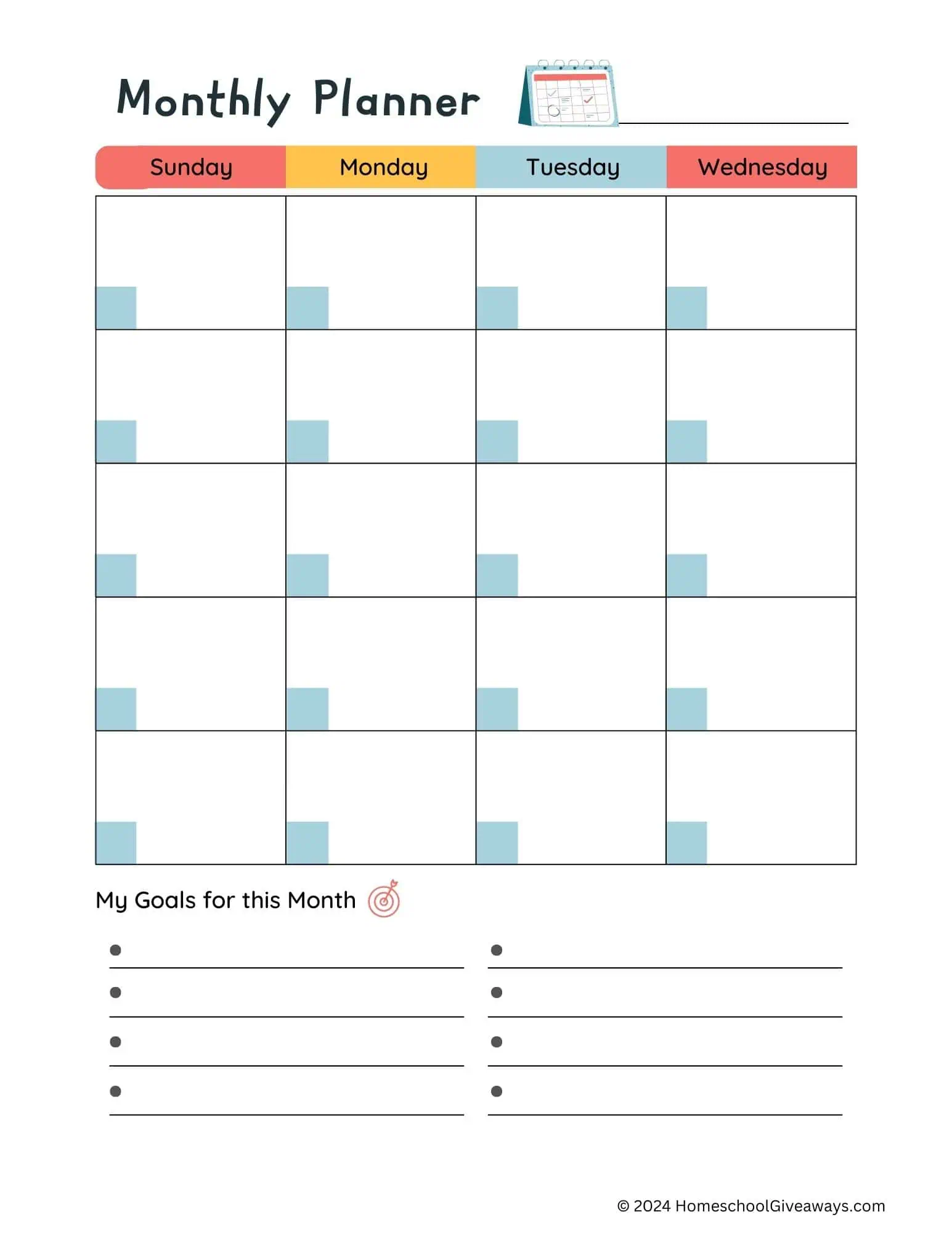 Kid Planner Sample page of the monthly calendar with room for monthly goals