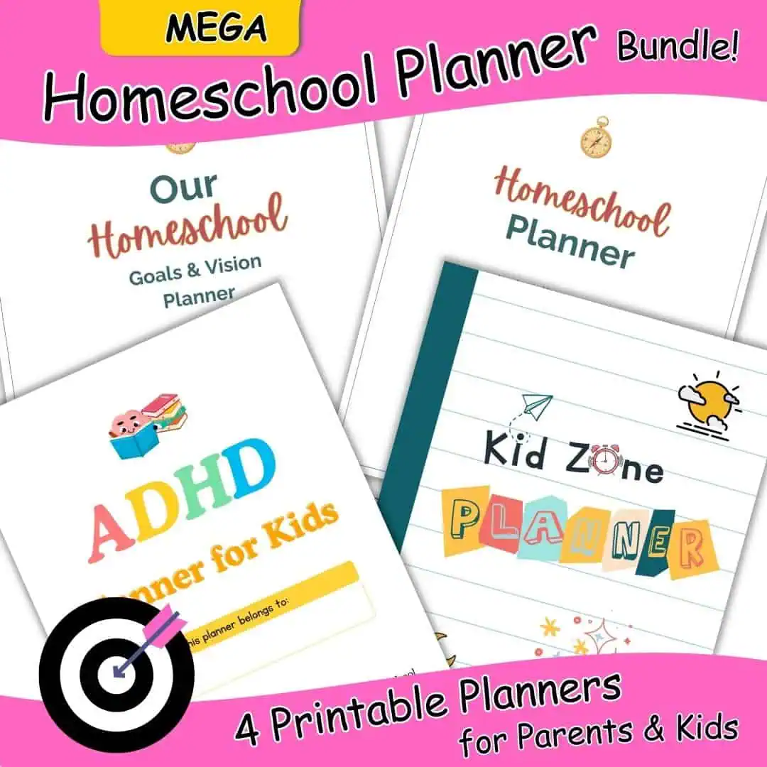 mega homeschool planner bundle with target and cover pages of 4 planners