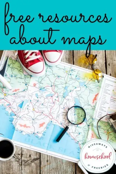 Free Resources About Maps text with image of a map folded out on the ground, a pair of shoes, sunglasses, and a magnifying glass