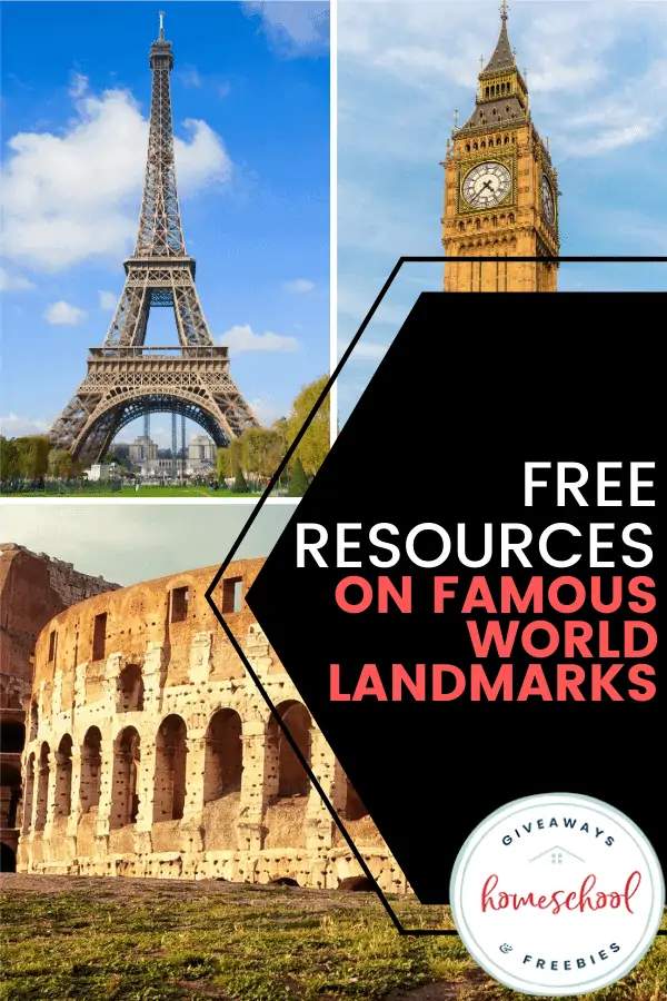 Free Resources on Famous World Landmarks text with image collage of various famous landmarks from around the world