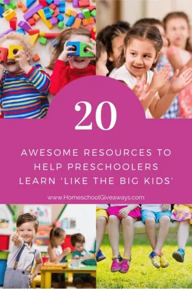 image collage of preschoolers learning with text overlay. 20 Awesome Resources to Help Preschoolers Learn 'Like the Big Kids'