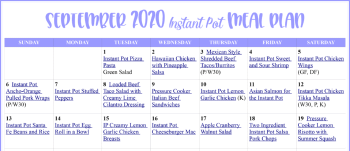September 2020 Instant Pot Meal Plan text with image example of calendar