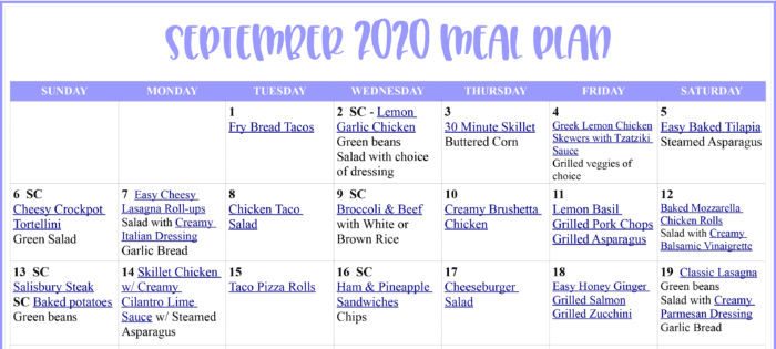 September 2020 Meal Plan text with image example of calendar