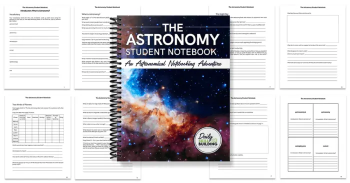 The Astronomy Student Notebook workbook cover with background image examples of pages