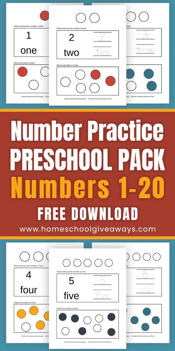 Number Practice Preschool Pack Numbers 1-20 text with image examples of pages