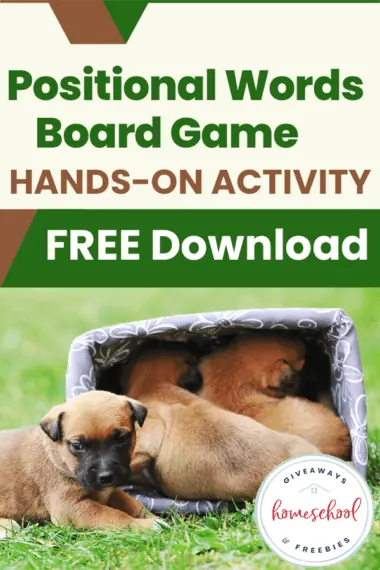 Positional Words Board Game Hands-On Activity Free Download text with image of a basket full of puppies