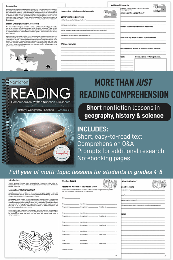 Nonfiction Reading Comprehension workbook cover with background images of page examples