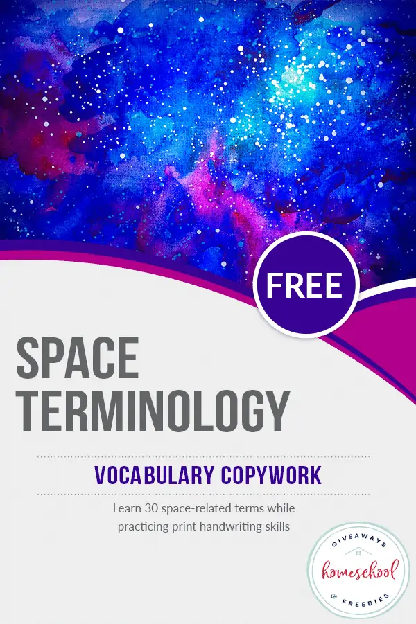 Free Space Terminology Vocabulary Copywork text with galaxy print background