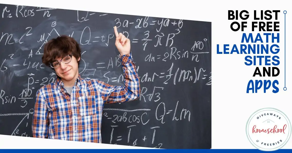 Big List of Free Math Learning Sites & Apps text with image of a boy pointing up at a chalkboard with a bunch of written math equations on it
