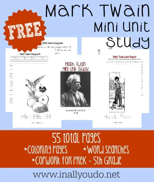 Mark Twain Unit Study text and image examples of pages over a blue background