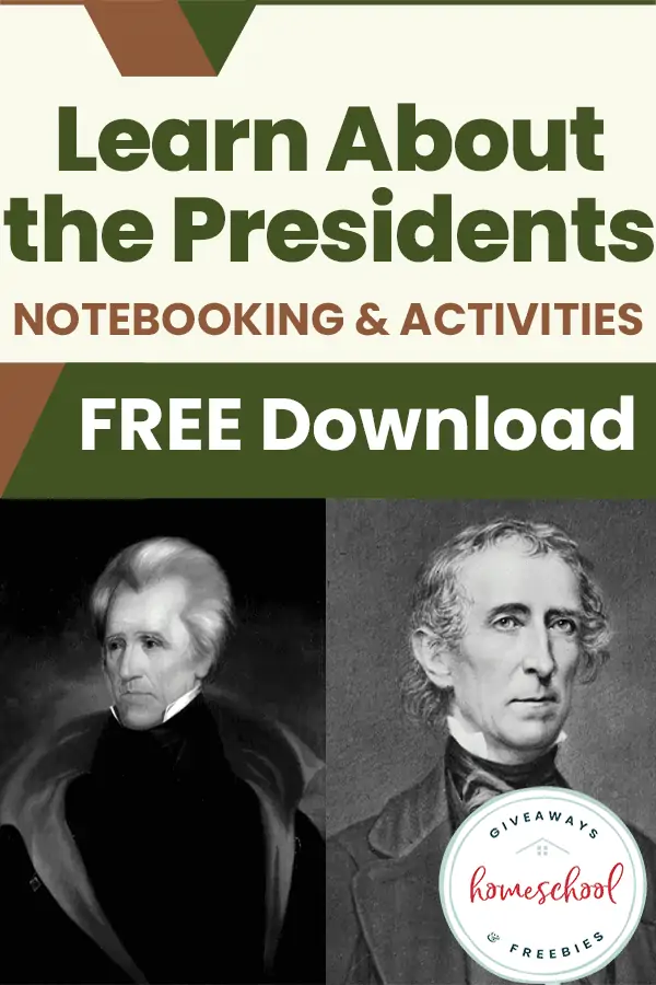 Learn About the Presidents Notebooking & Activities Free Download text with two black and white images of examples of presidents