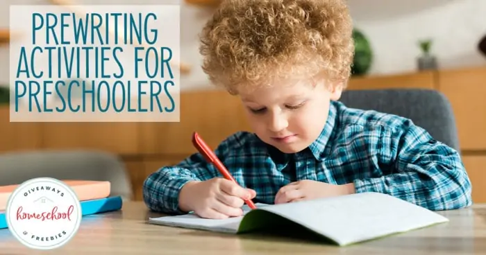 preschool boy writing in book - overlay Prewriting Activities for Preschoolers