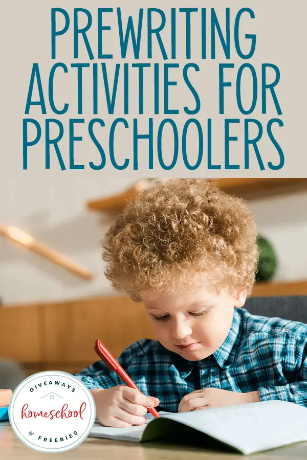 preschool boy writing in book - overlay Prewriting Activities for Preschoolers