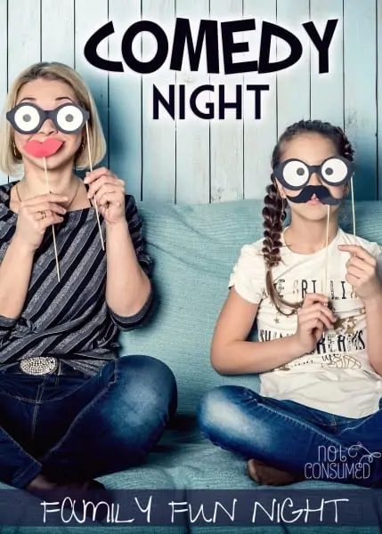 Comedy Night Family Fun text with image of two people holding up funny paper disguises to their face