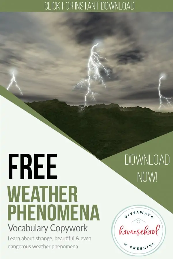 Free Weather Phenomena Vocabulary Copywork text with background image of a lightning storm