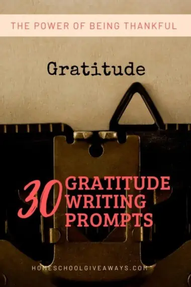 image of antique typewriter with the word 'gratitude', with text overlay. 30 Gratitude Writing Prompts. The Power of Being Thankful