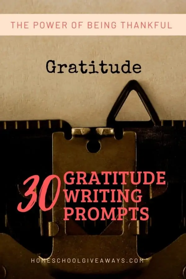 image of antique typewriter with the word \'gratitude\', with text overlay. 30 Gratitude Writing Prompts. The Power of Being Thankful