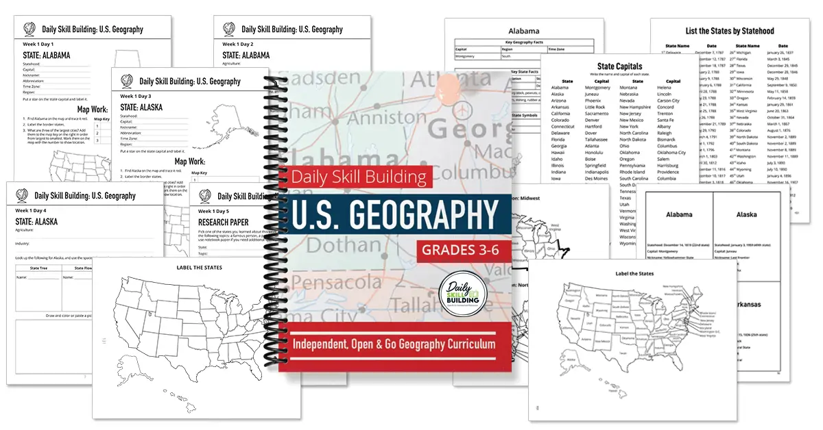 Daily Skill Building U.S. Geography workbook cover with background image examples of pages from the book