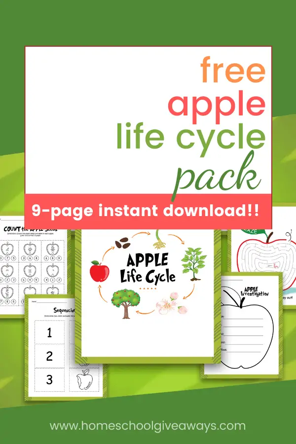 Free apple life cycle pack text overlay on images of apple worksheets for kids