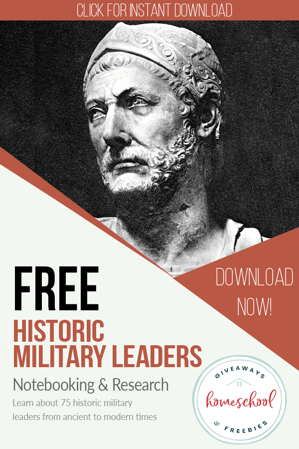 FREE Historic Military Leaders Notebooking & Research text with black and white background image of a statue of a man