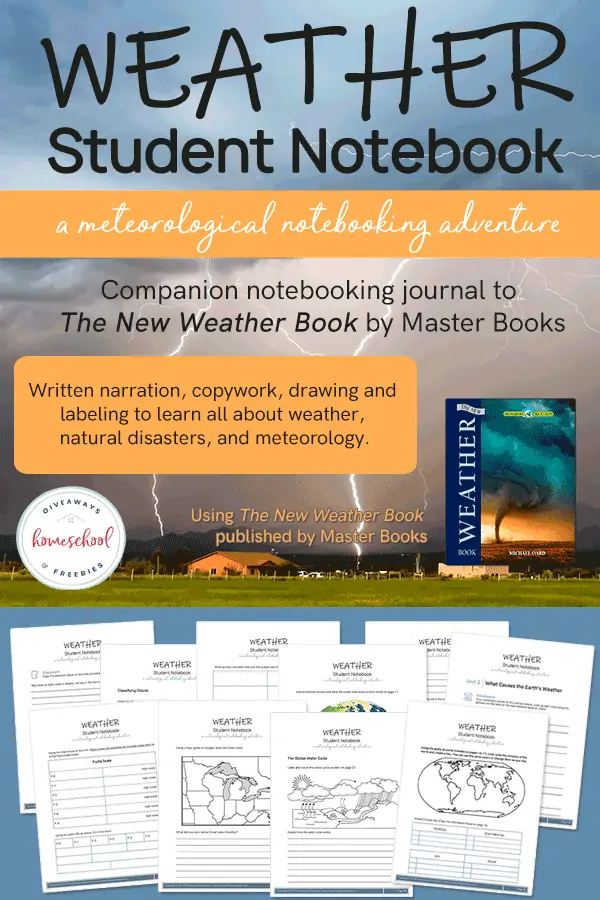 Weather Student Notebook text with image examples of pages and a lightning storm in the background