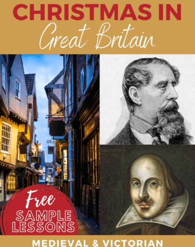 collage image of England street, Shakespeare & Dickens portrais with text overlay. Shakespeare & Dickens Celebrate Christmas in Great Britain. Free Sample Lessons at www.HomeschoolGiveaways.com