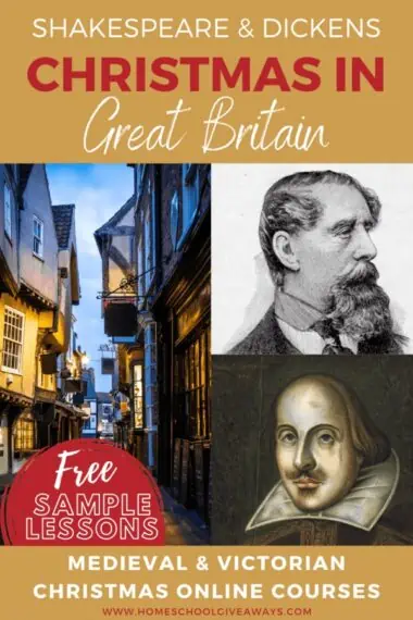 collage image of England street, Shakespeare & Dickens portraits with text overlay. Shakespeare & Dickens Celebrate Christmas in Great Britain