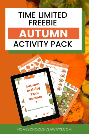 TIME LIMITED FREEBIE AUTUMN ACTIVITY PACK text overlay on image of printable worksheets for children on a background of pumpkins and gourds.
