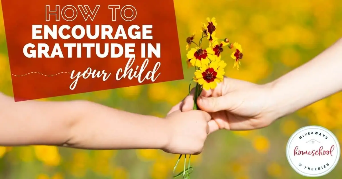How to Encourage Gratitude in Your Child text with image example of someone handing someone else a bunch of flowers