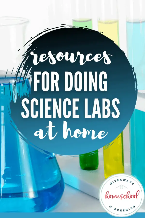 Resources for Doing Science Labs at Home text with image background of colorful liquid filled beakers