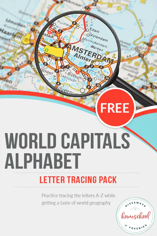 FREE Capitals of the World Alphabet Tracing Pages text with image background of a magnifying glass on a map