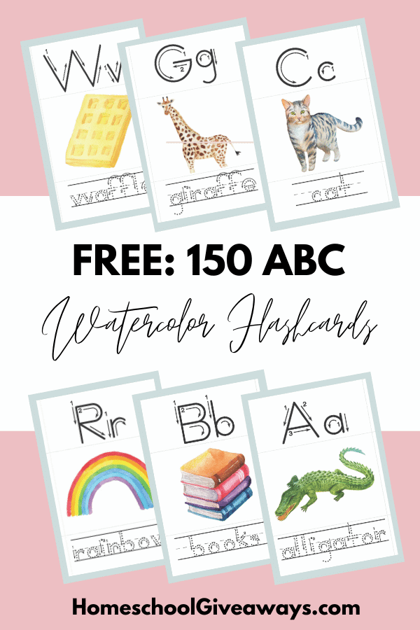 150 FREE ABC Watercolor Flashcards text with image examples of cards with a pink colored background