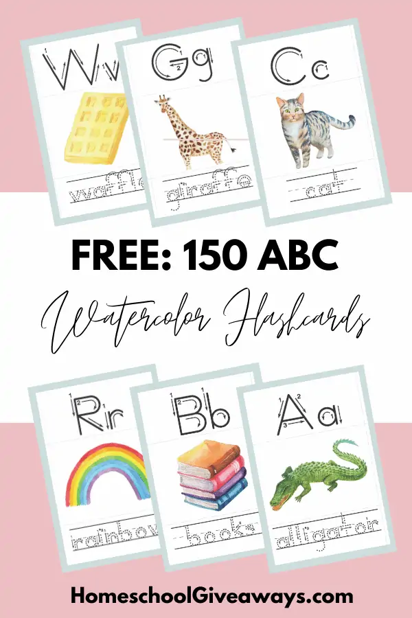 150 FREE ABC Watercolor Flashcards text with image examples of cards with a pink colored background