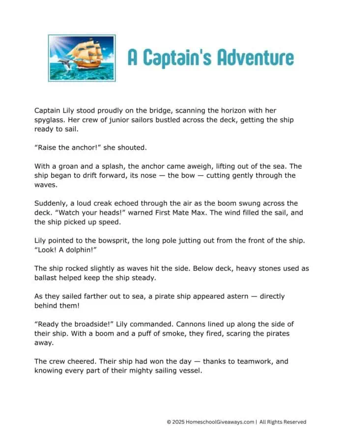 A short story with image of a sailing ship and dolphin on a blue sea