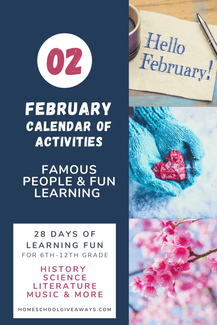 collage image of February snow scenes with text overlay. Hello February. Calendar of Activities for famous people & fun learning