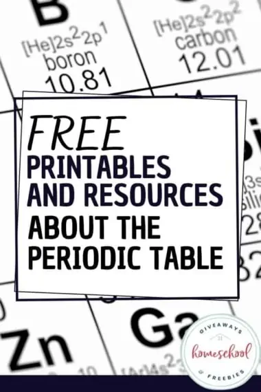 Free Printables and Resources About the Periodic Table text with background image of a black and white periodic table