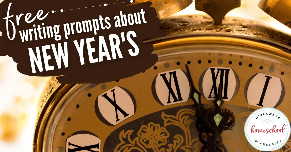 Free Writing Prompts About New Year\'s text with a gold colored background and a clock