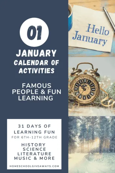 collage image of winter settings with text overlay. Hello January! Calendar of Activities about famous people and fun learning