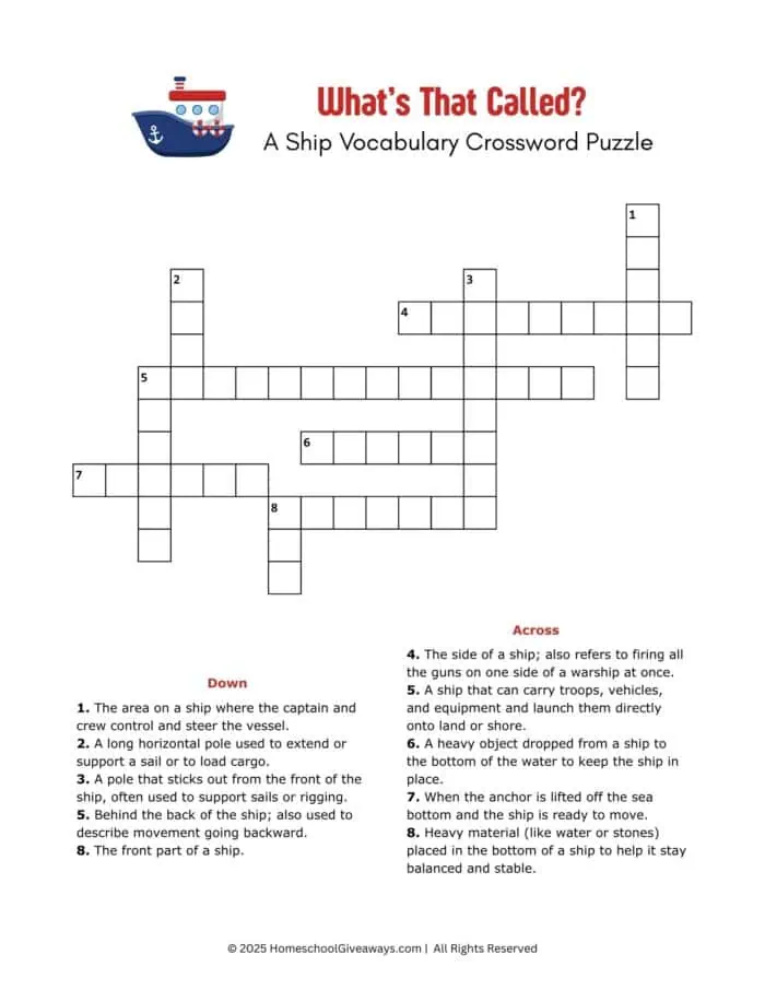 ship vocabulary crossword puzzle with ship and 10 words
