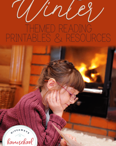 girl reading a book by the fire with overlay - Winter Themed Reading Printables & Resources