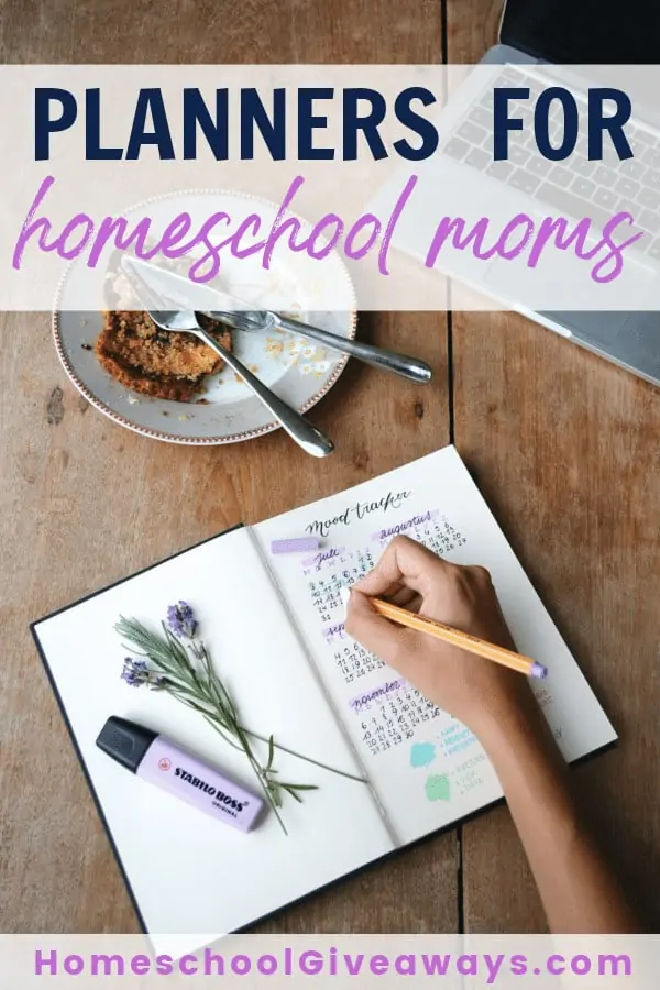 planners for homeschool moms text overlay on photo of planner and breakfast.