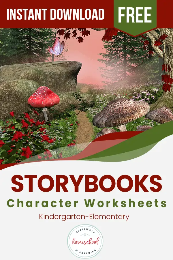 Storybooks Character Worksheets text with image of mushrooms outside in a forest