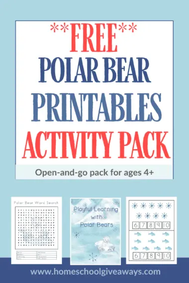 Free polar bear printables activity pack text overlay and images of three worksheet pages on blue background