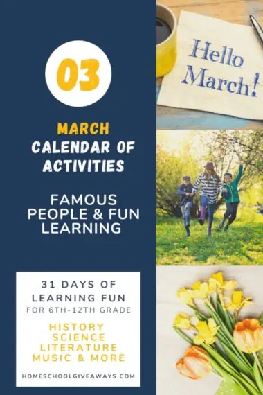 collage image of spring activities with text overlay. March calendar of activities