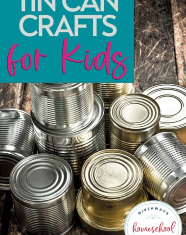 tin cans scattered on wood table with overlay - Tin Can Crafts for Kids