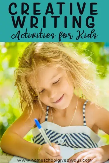 Creative Writing Activities for Kids text with a image of a child smiling and using a pen