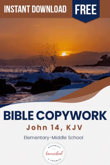 Bible Copywork text and image of crashing wave at the beach with a sunset in the background