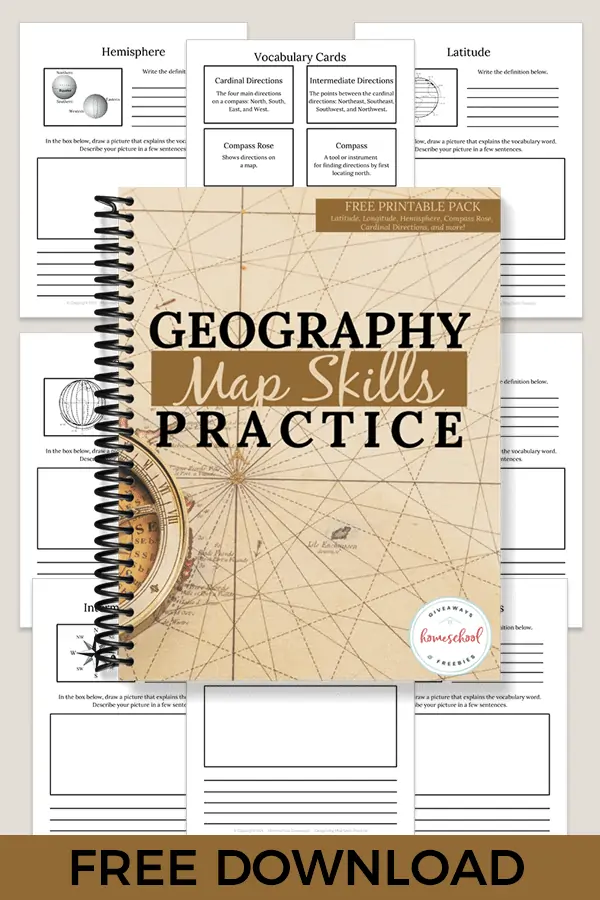 Geography Map Skills Practice workbook with background of printable worksheets from the book